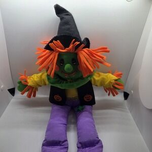 Vintage Halloween Scarecrow Green Witch Puffy Nylon Stuffed Plush Long Legs 1993